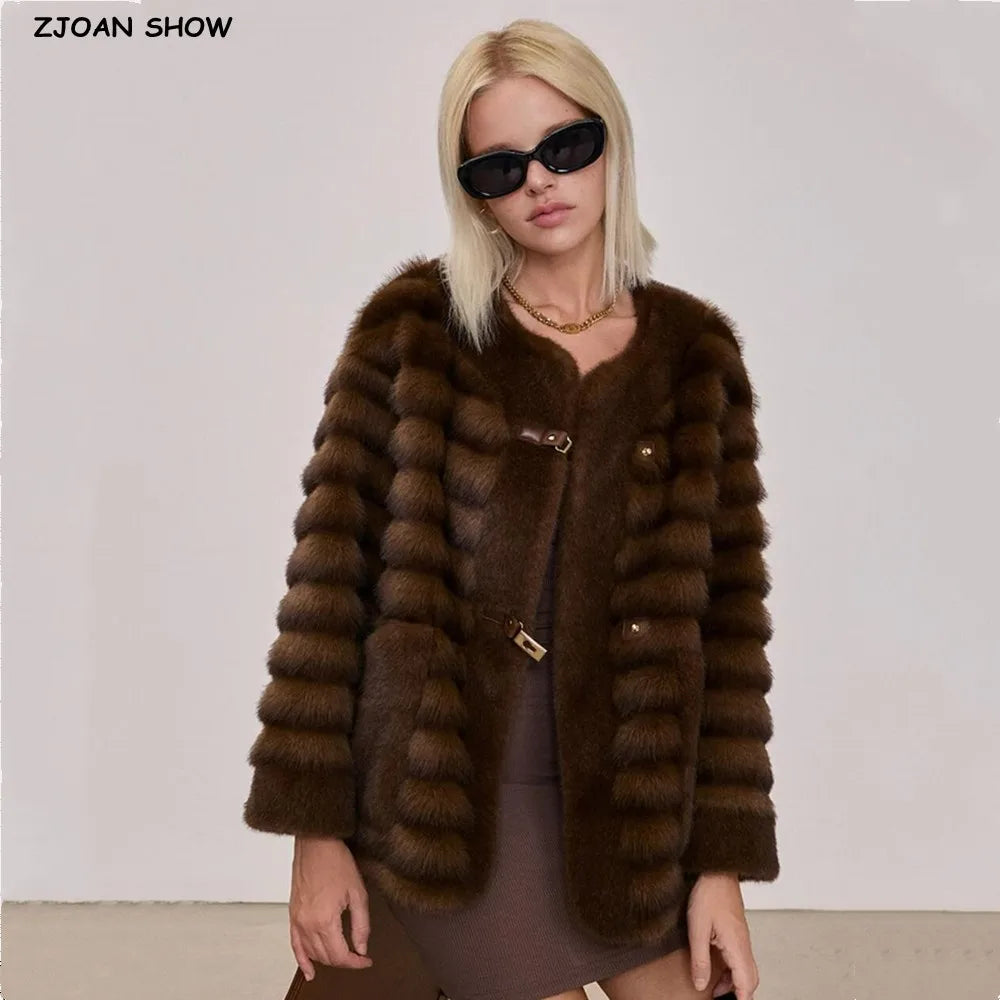 Winter Contrast Color Brown Horizontal Strip Faux Mink Fur Coat Women O neck Front Buckle Buttons Loose Thick Short Outerwear